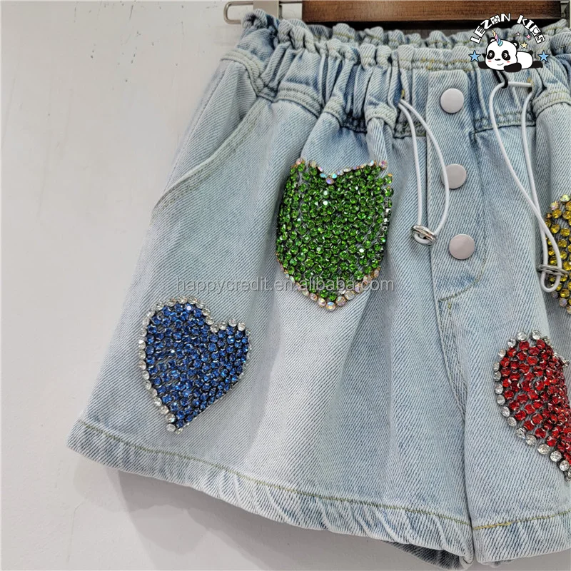 LEZONKIDS - Shorts de ganga personalizáveis para meninas com cintura alta e miçangas de cristal em forma de coração requintado no verão